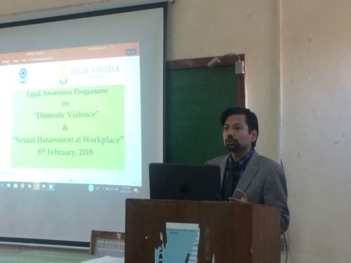 Central DLSA in coordination with Women Development Cell, Hindu College, University of Delhi organised Legal Awareness Programme on the topic Domestic Violence & Sexual Harassment at Workplace on 08-02-2018