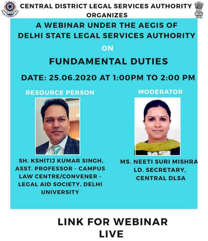 Central District Legal Services Authority  organised a Webinar for school students and Non-Governmental Organisations on the topic of “Importance of Fundamental Duties”.