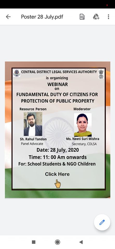 Central DLSA* organised a *Webinar on Protection of Public Property & Fundamental Duties for school children and NGOs children * on *28th July, 2020*