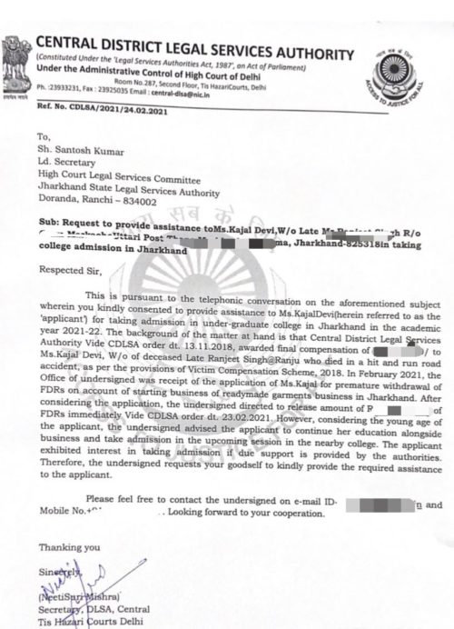 Request letter to Sh. Santosh Kumar, Ld. Secretary, Jharkhand High Court Legal Services Authority to provide assistance to a widow whose husband died in a road accident in Delhi, in securing college admission from Ld. Secretary, CDLSA.