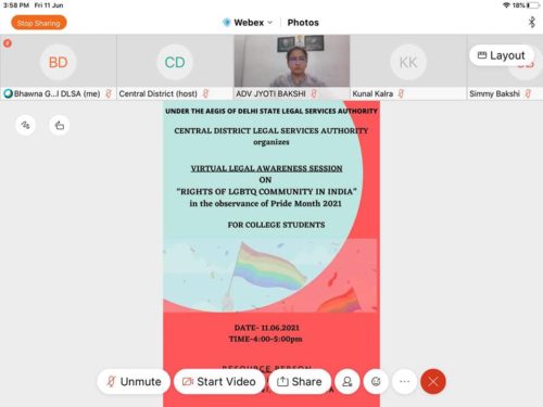 Central District Legal Services Authority, under the aegis of Delhi State Legal Services Authority, held a virtual lecture on the topic- “Rights of LGBTQ community” on 11.06.2021