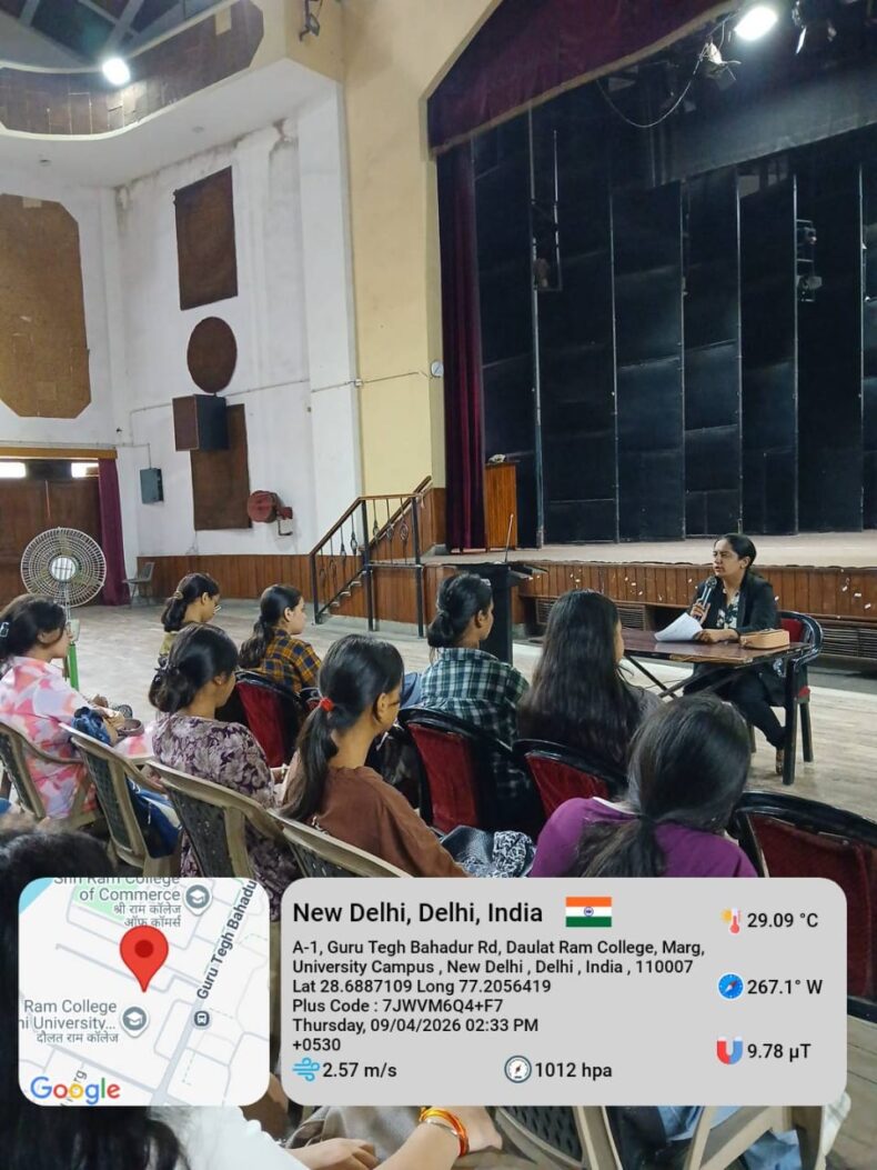 CDLSA conducted a Legal Awareness Session for female students at Daulat Ram College, University of Delhi, on the topic “Legal Counseling: SC Directives on Sexual Harassment of Women at Workplace” on 09.04.2026