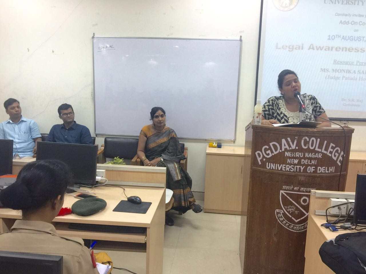 New Delhi District Legal Services Authority Organised Legal Literacy Programe in PGDAV College on 10.08.2016 and Ld. Secretary Ms. Monika Saroha Delivered a lecture on Domestic Violence.