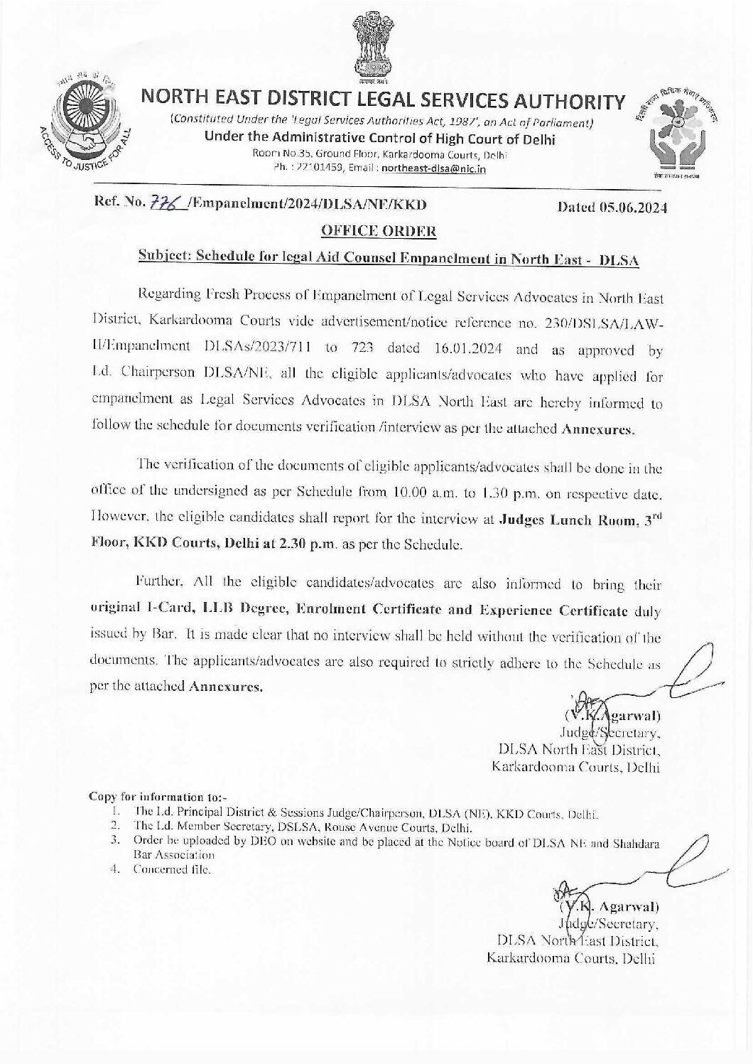 Schedule for Legal Aid Counsel Empanelment in North East. 2024