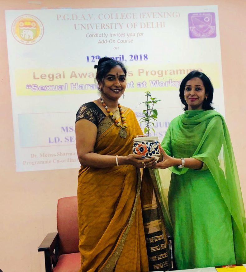 Legal Awareness Program at PGDAV College, Sri Niwas Puri, New Delhi on the topic “Sexual Harassment at Workplace” on 12.04.2018