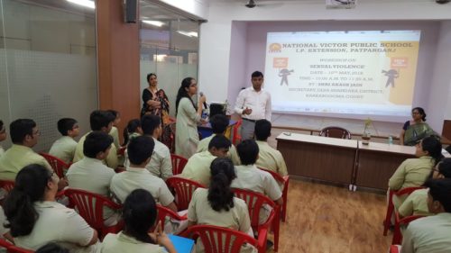 Delhi State Legal Services Authority, Legal Literacy Classes on Module of Sexual Violence “Child Abuse and Violence-Interpersonal and Digital World” was conducted for Children studying in class 9th to 12th Class at National Victor Public School, IP Extension, Hasanpur, Patparganj, Delhi on 10.05.2018.