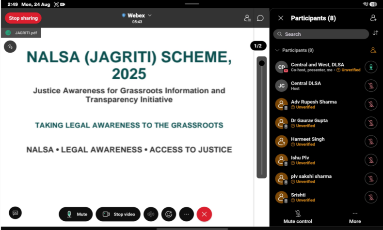 Joint Refresher Training Session was organized for the members of the JAGRITI Unit – Justice Awareness for Grassroots Information and Transparency Initiative of Central DLSA and West on 24.08.2026