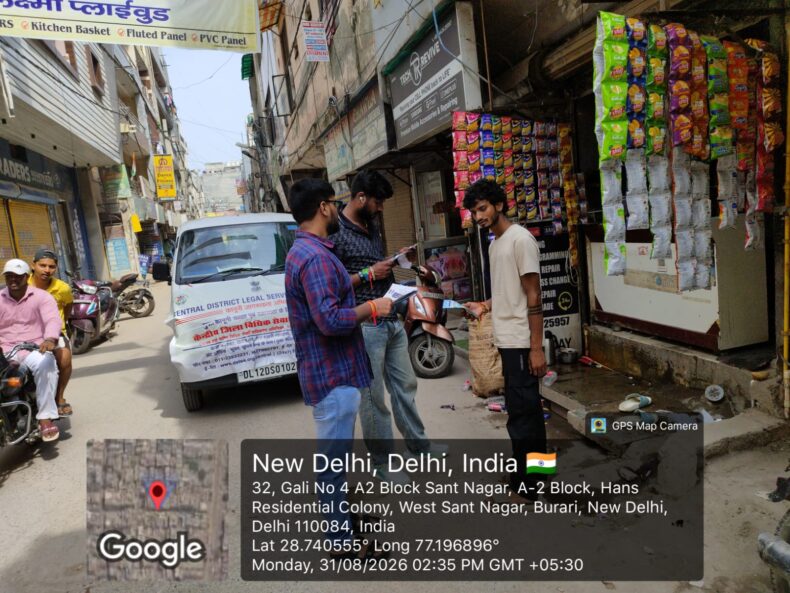CDLSA conducted a Mobile Road Safety Awareness Drive in various areas of Burari, Delhi, utilizing the Central DLSA Legal Aid on Wheels Van as part of its outreach and legal awareness initiatives on 31.08.2026