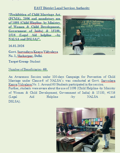 Prohibition of Child Marriage Act (PCMA), 2006 and mandatory use of 1098 (Child Hlepline- by Ministry of Women & Child Development, Government of Inida) & 15100, 1516 (Legal Aid helpline –by NALSA and DSLSA)” on  16.01.2026