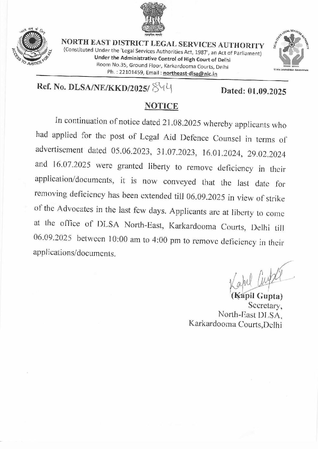 Legal Aid Defence Counsel deficiency removing  has been extended till 06.09.2025