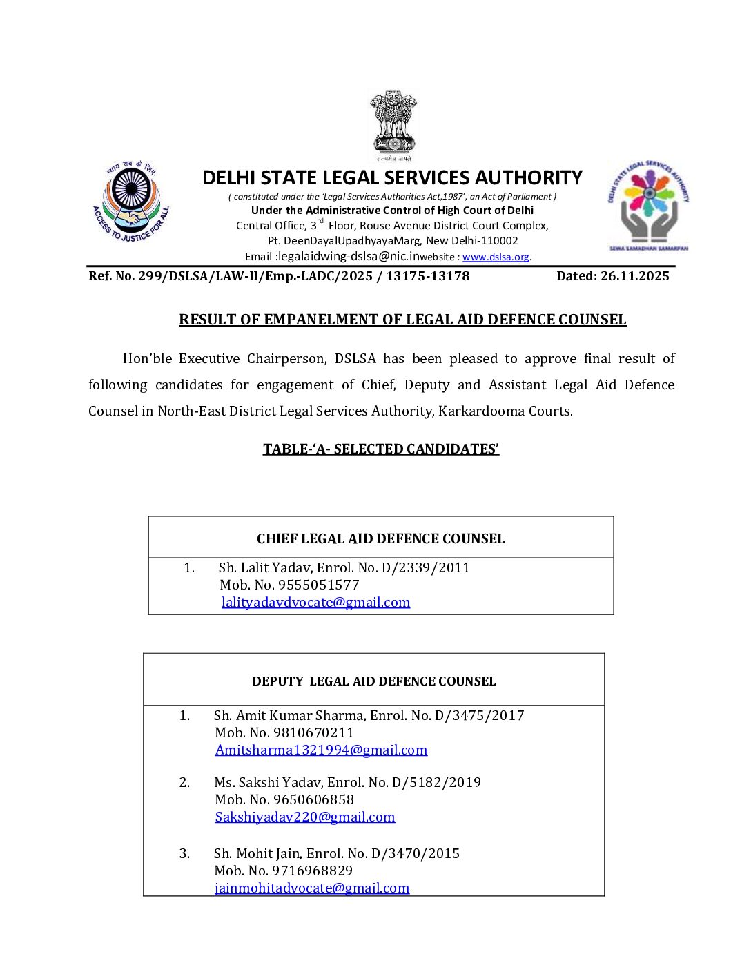 Final Result for engagement of Chief, Deputy, Assistant Legal Aid Defense Counsels for North East, DLSA