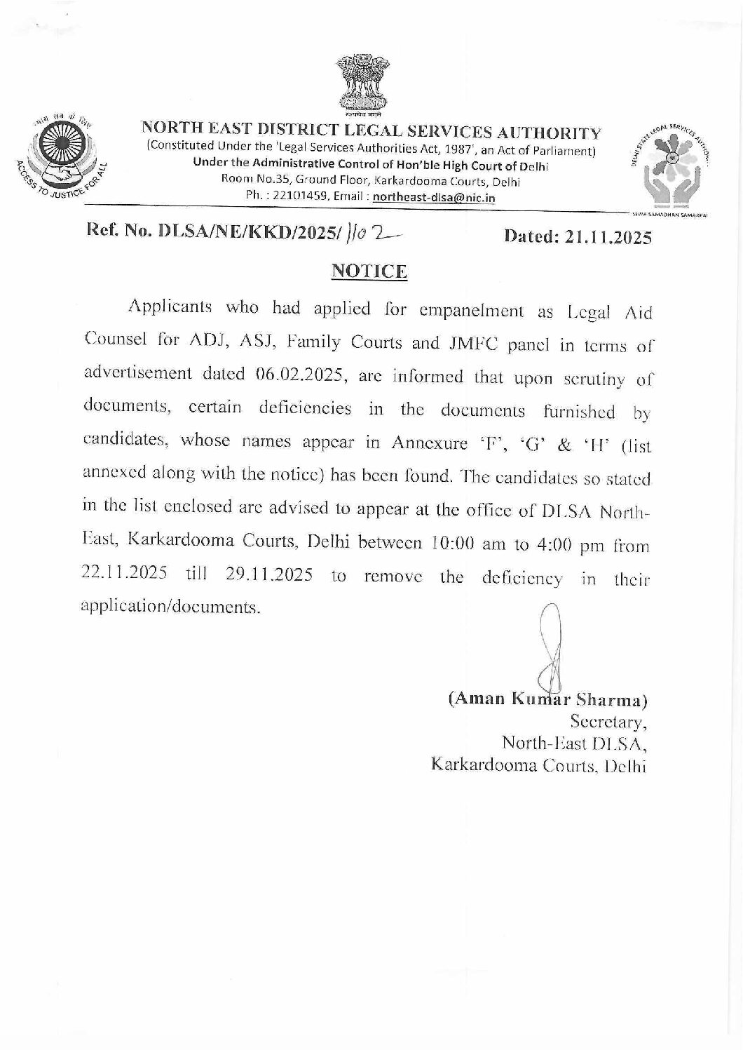 Notice for removal of deficiencies – Empanelment as Legal Aid Counsels