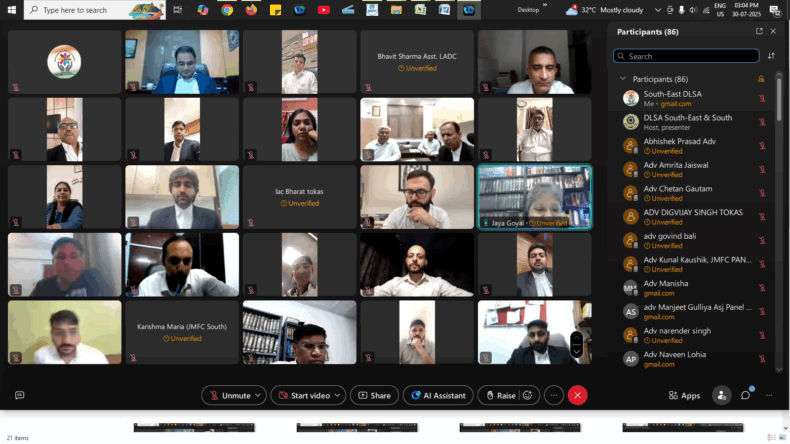 DLSA South-DLSA and South East- DLSA jointly organized a Capacity Building Training Programme in virtual mode on 30.07.2025