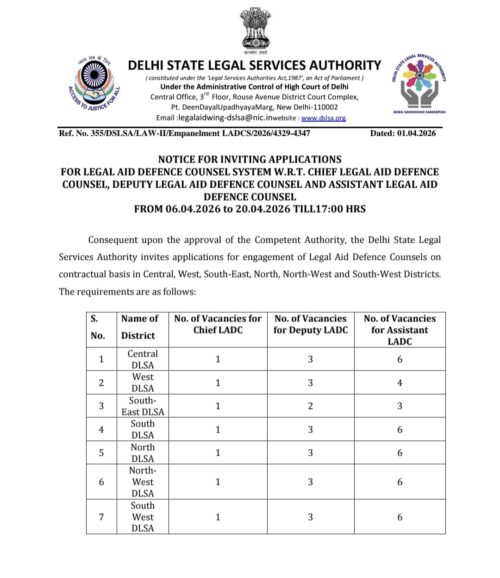Notice for Inviting Applications for Legal Aid Defence Counsel System W.R.T. Chief Legal Aid Defence Counsel, Deputy Legal Aid DEfence Counnsel and Assistant Legal Aid Defence Counsel