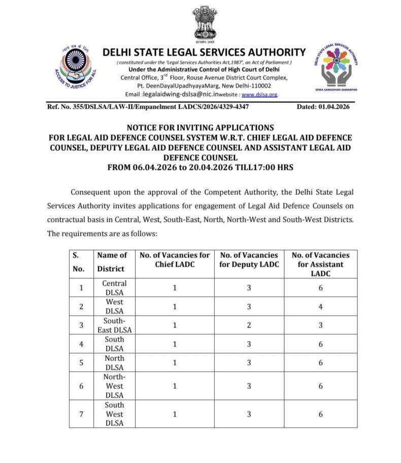 Notice for Inviting Applications for Legal Aid Defence Counsel System W.R.T. Chief Legal Aid Defence Counsel, Deputy Legal Aid DEfence Counnsel and Assistant Legal Aid Defence Counsel